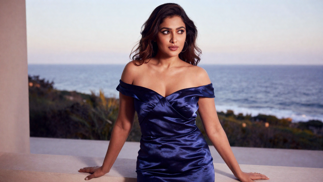 Fictional consenting adult woman age 31, South Asian, midnight blue satin set, playful over-the-shoulder glance in